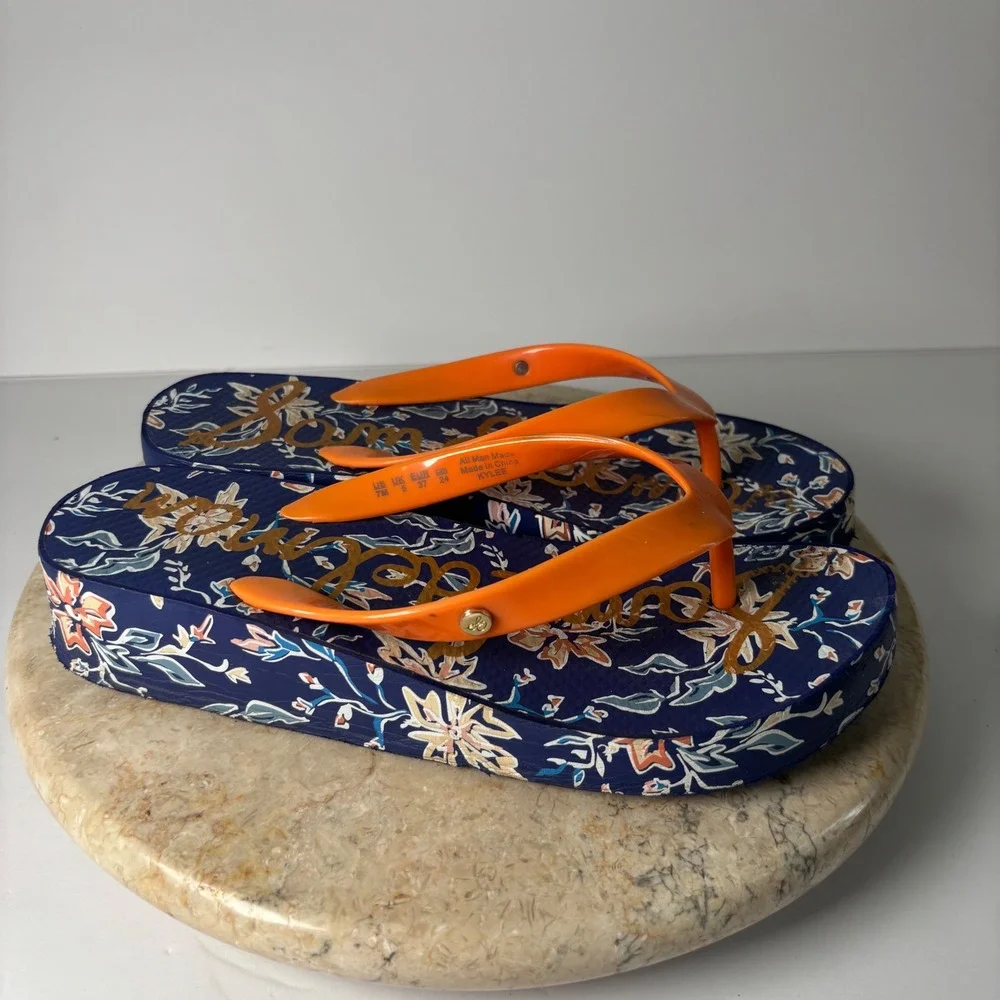 Sam Edelman Kylee Platform Flip Flops 7M Navy Orange Floral Wedge Sandals Y2K